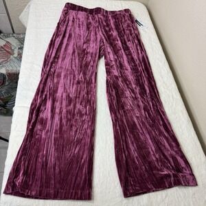 Women's Mauve Pink Crushed Velvet Pants Wide Leg Size L Pockets Comfy Boho Glam